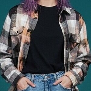Soft Grunge Bleach Splatter Pink Plaid Flannel Shirt 90s Upcycled Distressed S